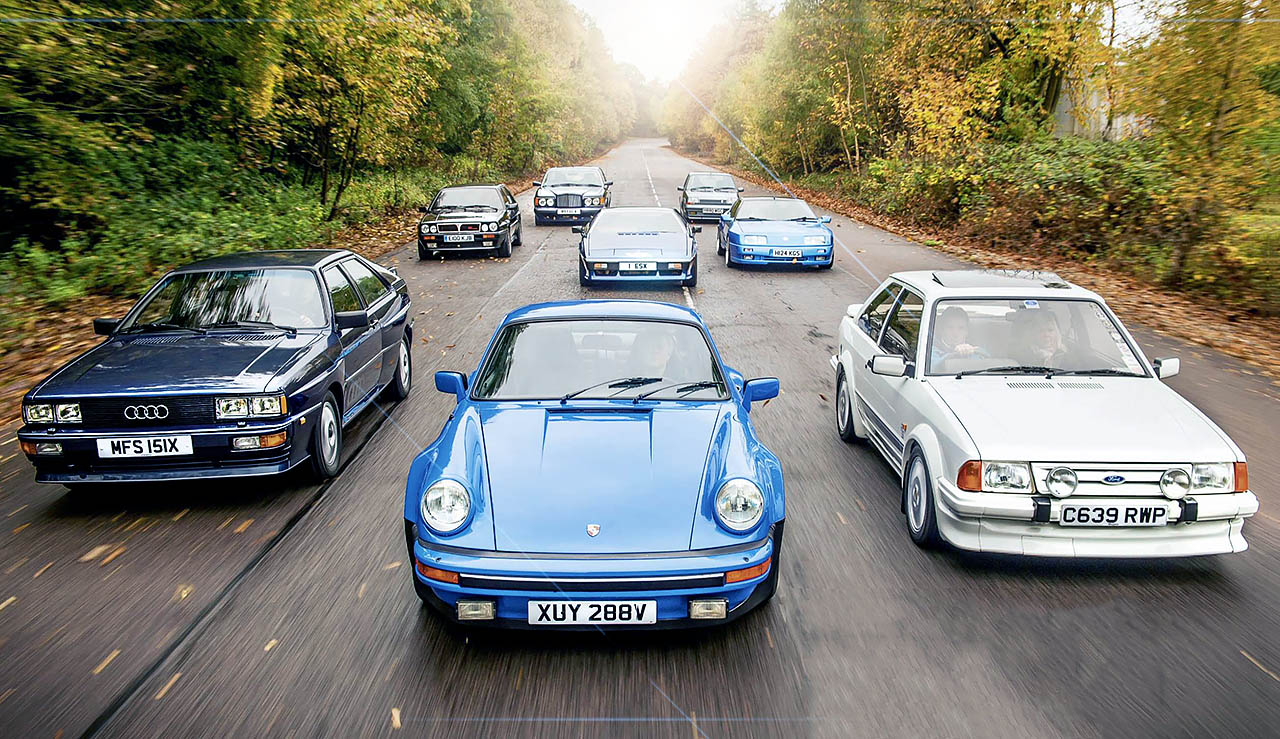 Giant road test Bentley Turbo R, Renault 5 GT Turbo, Lancia Delta HF Integrale, Lotus Turbo Esprit, Alpine-Renault GTA Turbo, Audi Quattro and Porsche 911 Turbo 930 vs. Ford Escort RS Turbo
