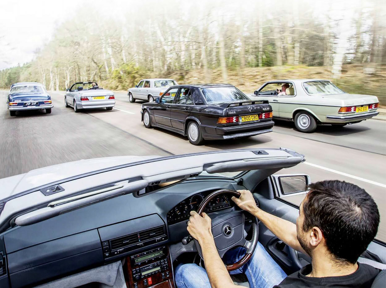 Mercedes class reunion from left: 280 SE, E320 Cabriolet, 280CE Coupé, 190E 2.3 Cosworth, 450 SEL 6.9, SL 500