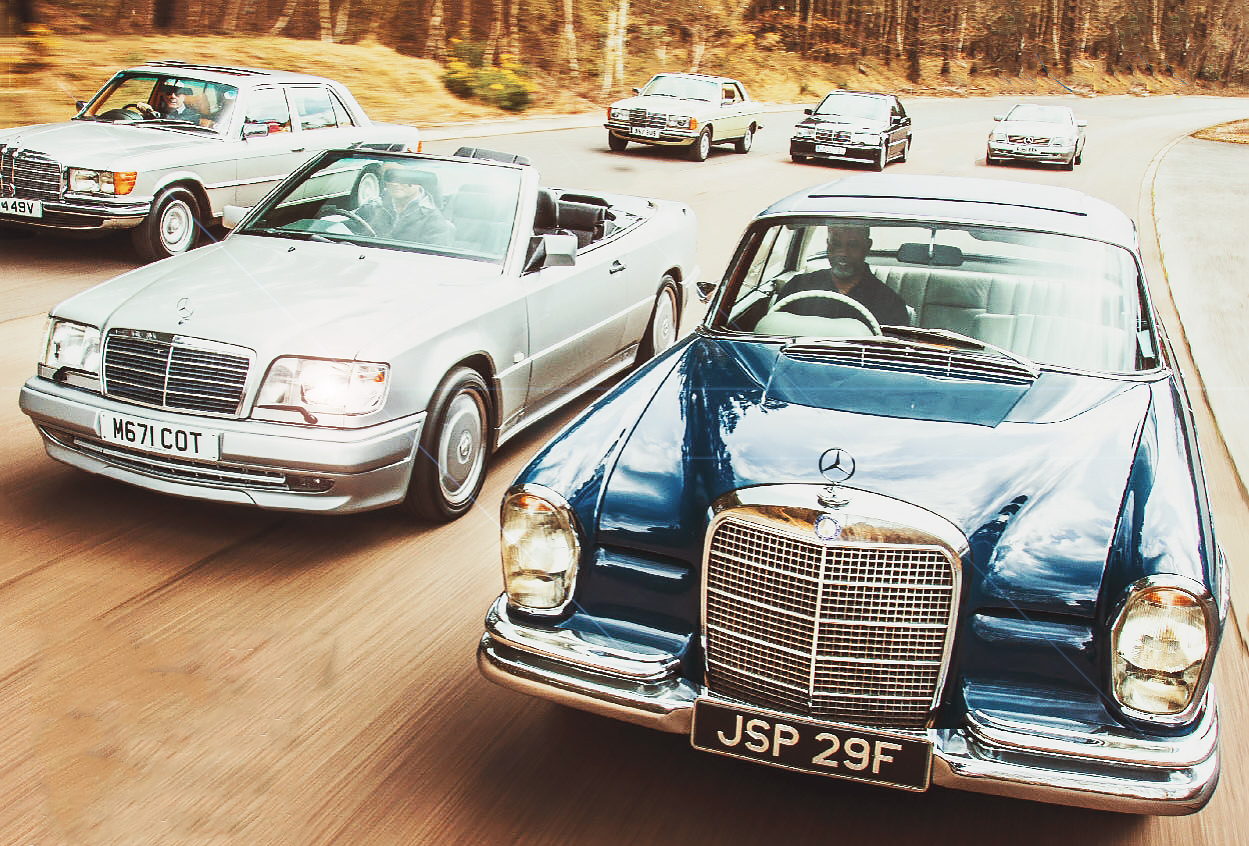 Mercedes class reunion from left: 280 SE, E320 Cabriolet, 280CE Coupé, 190E 2.3 Cosworth, 450 SEL 6.9, SL 500