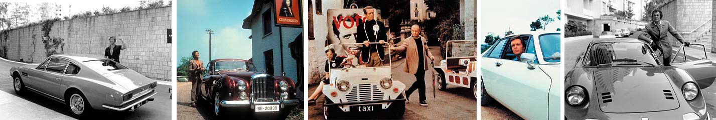 Roger Moore’s The Persuaders Aston (plus Tony Curtis’ Dino, far right); Jason King (Peter Wyngarde) with Department S Bentley S2; Prisoner Patrick McGoohan in Moke; Return of the Saint with Ian Ogilvy’s XJ-S.