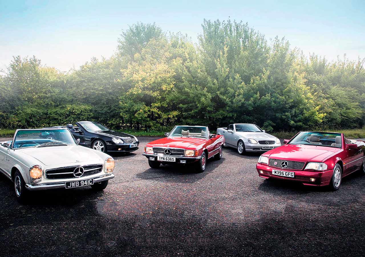 1965 Mercedes-Benz 230SL W113 vs. 1977 350SL R107, 1995 SL320 R129, 2000 SLK230K R170 and 2003 SL55 AMG R230