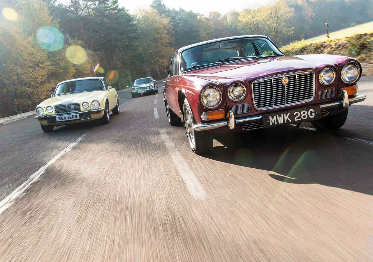 Jaguar luxury class: Series 1 XJ leads a Series 2 Daimler Sovereign Coupé and Series 3 V12