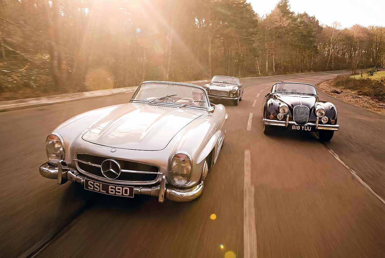 1958 Jaguar XK150 Roadster vs. 1957 Mercedes-Benz 300SL Roadster W198 II and 1959 Maserati 3500GT Spyder