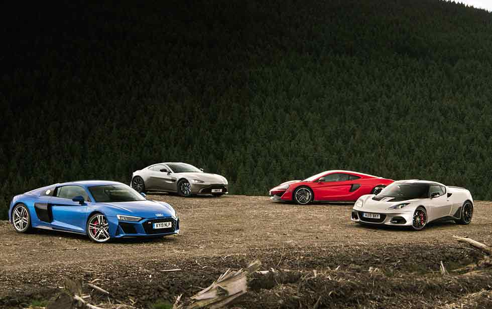 2020 Porsche 911 Carrera S 992 vs. 2019 McLaren 570GT, 2020 Aston-Martin Vantage, 2020 Audi R8 V10 Type 4S and 2019 Lotus Evora GT410