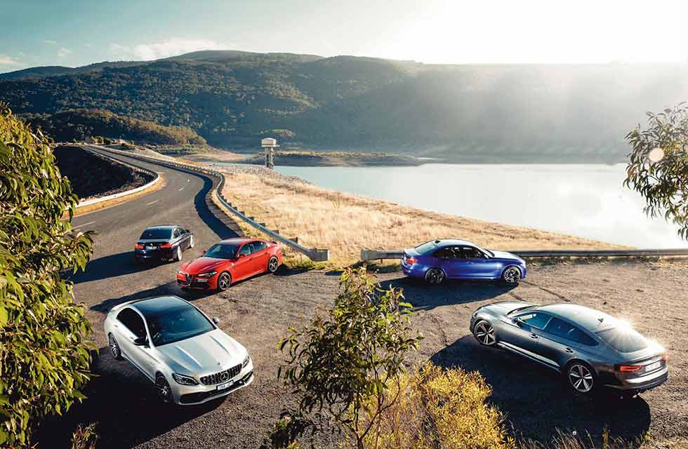 2019 Mercedes-AMG C63 S W205 vs. 2018 Audi RS5 Sportback F5, 2018 Alfa Romeo Giulia Quadrifoglio 952, 2019 BMW M3 Pure F80 and 2018 Alpina B3 S F30 - comparison road test