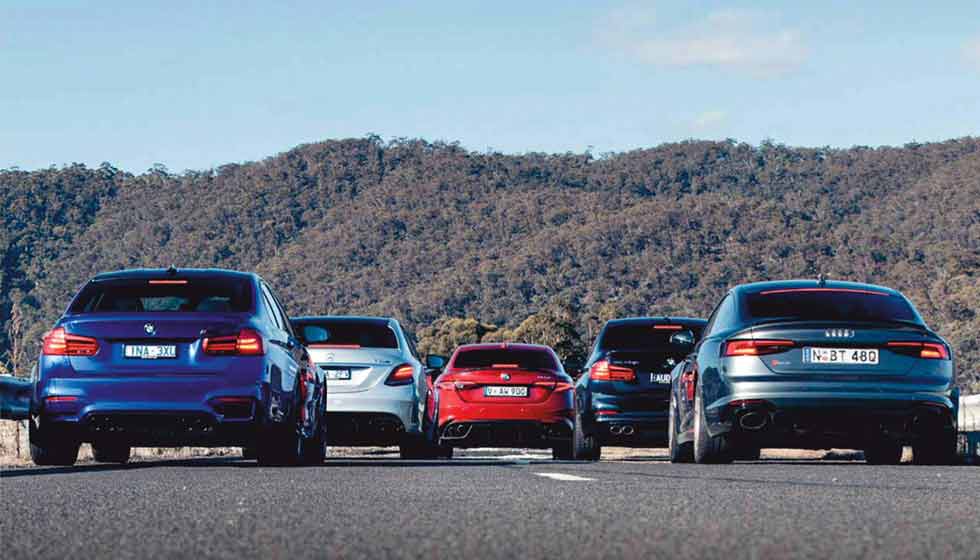 2019 Mercedes-AMG C63 S W205 vs. 2018 Audi RS5 Sportback F5, 2018 Alfa Romeo Giulia Quadrifoglio 952, 2019 BMW M3 Pure F80 and 2018 Alpina B3 S F30 - comparison road test