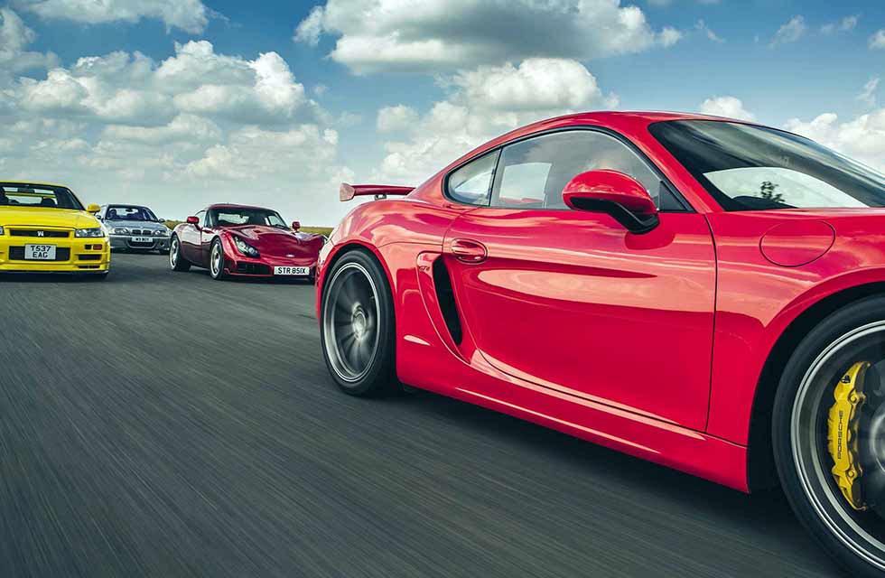 2003 BMW M3 CSL E46 vs. 1999 Nissan Skyline GT-R V-spec R34, 2004 TVR Sagaris and 2013 Porsche Cayman GT4 981C