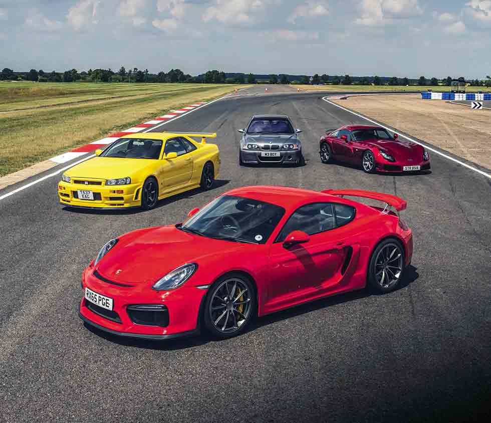 2003 BMW M3 CSL E46 vs. 1999 Nissan Skyline GT-R V-spec R34, 2004 TVR Sagaris and 2013 Porsche Cayman GT4 981C