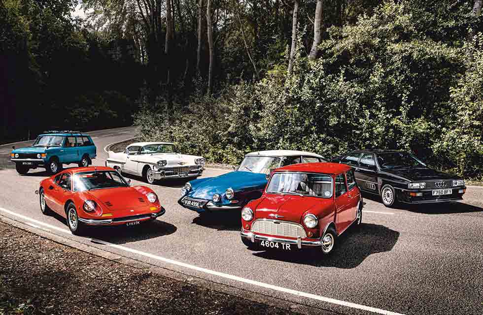 1961 Morris Mini Minor vs. 1988 Audi Quattro MB, 1971 Range Rover, 1971 Ferrari Dino 246GT, 1958 Cadillac Model 62 Coupe de Ville and 1967 Citroën DS21 - comparison retro road test-review