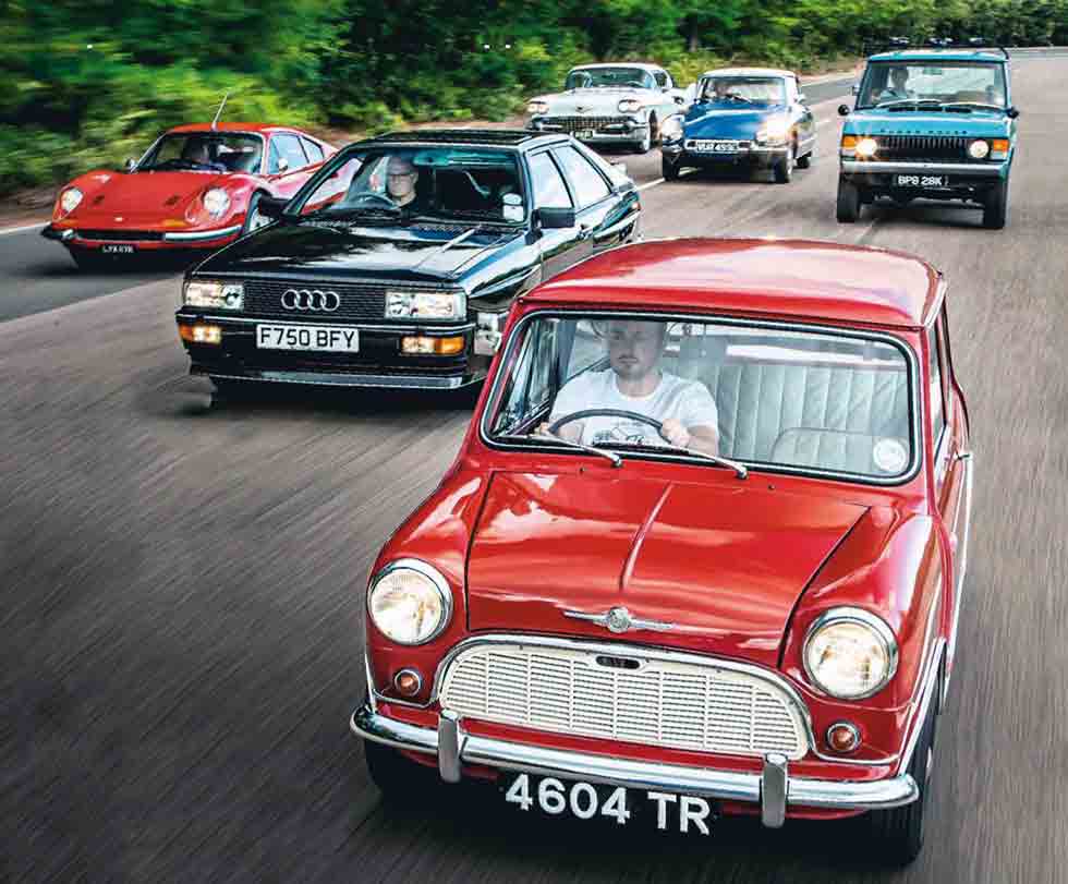 1961 Morris Mini Minor vs. 1988 Audi Quattro MB, 1971 Range Rover, 1971 Ferrari Dino 246GT, 1958 Cadillac Model 62 Coupe de Ville and 1967 Citroën DS21 - comparison retro road test-review