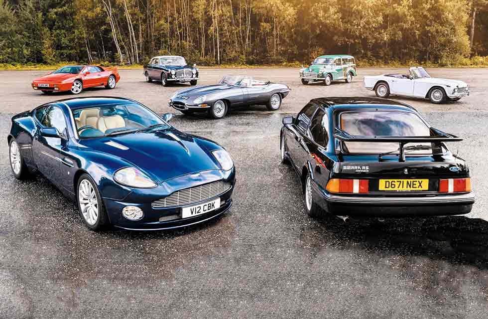 1964 Jaguar E-type S1 3.8 Roadster vs. 1967 Triumph TR4A, 1969 Morris Minor Traveller, 1987 Ford Sierra RS Cosworth, 1968 Rover P5B Coupé, 1988 Lotus Esprit Turbo and 2003 Aston Martin Vanquish