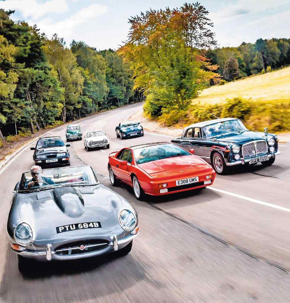 1964 Jaguar E-type S1 3.8 Roadster vs. 1967 Triumph TR4A, 1969 Morris Minor Traveller, 1987 Ford Sierra RS Cosworth, 1968 Rover P5B Coupé, 1988 Lotus Esprit Turbo and 2003 Aston Martin Vanquish