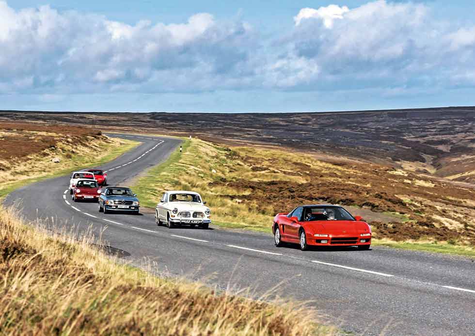 Yorkshire Moors in the Mercedes-Benz ‘R107’ SL, Porsche 911 964, Bristol 411, Honda NSX, Mazda MX5 and Volvo Amazon to test the theory